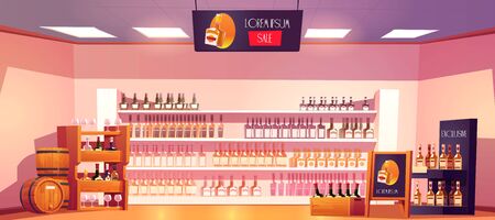 Alcohol shop with bottles, wooden rack, shelves, barrels and advertising stand. Vector cartoon interior of alcoholic drinks market with bottles of wine, beer and whiskey on showcaseのイラスト素材