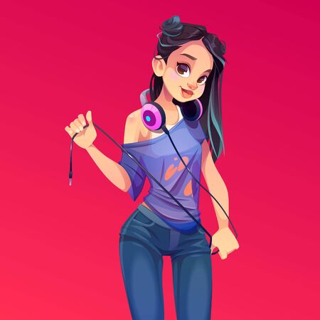 Dj girl in headphones, modern clothes and trendy hairstyle holding wire. Young sexy woman disc jockey party maker in teenager t-shirt and jeance isolated on red background. Cartoon vector illustrationのイラスト素材