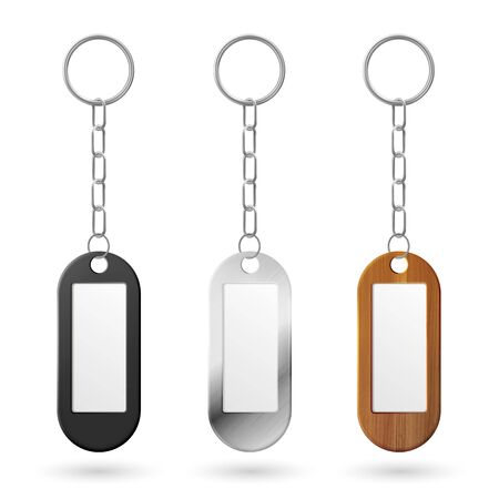 Keychain, holder trinket for key with metal chain and ring. Vector realistic template of black plastic, silver and wooden fobs with blank label for car, home or office key isolated on white backgroundのイラスト素材
