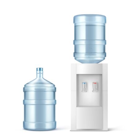 Water cooler and big bottle for office and home. Vector realistic mockup of dispenser for pouring hot and cold clean water and large plastic gallon isolated on white backgroundのイラスト素材