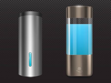 Wall dispenser for antibacterial soap and liquid antiseptic. Automatic containers with blue lather for bath or toilet room set isolated on transparent background, Realistic 3d vector icons, clip artのイラスト素材