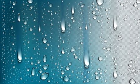 Water droplets on glass surface isolated on transparent background. Vector realistic illustration of condensation of steam in shower or fog on window, fall clear aqua drops from dew or rainのイラスト素材
