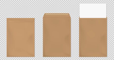 Brown envelopes A4 template set. Blank closed and open craft paper covers, vertical letter package with white sheet. Mock up of folder for business documents and messages, Realistic 3d vector mockupのイラスト素材