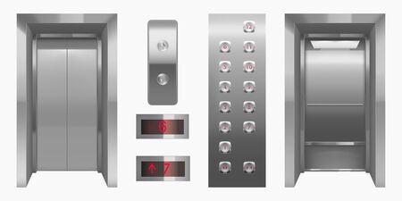 Realistic elevator cabin with closed, open doors inside view. Empty lift interior with chrome metal buttons and digital panel, office, hotel or dwelling indoors transportation 3d vector illustrationのイラスト素材