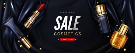 Sale banner with cosmetic products on black draped silk fabric. Vector realistic brand poster with luxury makeup and skincare products, lipstick and perfume bottle. Special offer promo backgroundのイラスト素材