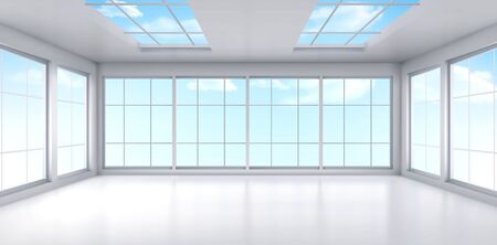 Empty office with large windows on ceiling and floor. Room interior in white colors. Internal structure of modern city architecture, inner design project visualization Realistic 3d vector illustrationのイラスト素材