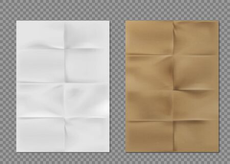 Wrinkled paper texture, white and brown kraft folded sheets. Blank flyers with folds, vintage letter, crumpled torn parchment pages isolated on transparent background, Realistic 3d vector illustrationのイラスト素材