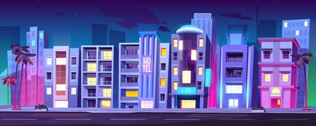 Night city buildings, hotels in Miami at summer, modern house architecture, skyscrapers, restaurants and stores with glass windows and palm trees stand at empty roadside, Cartoon vector illustrationのイラスト素材