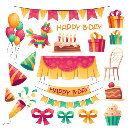 Birthday party decoration set. Flags garland, balloons, triangle hats, table and chair for anniversary celebration outside. Vector cartoon icons of holiday banner, cupcake with candles and gift boxesのイラスト素材