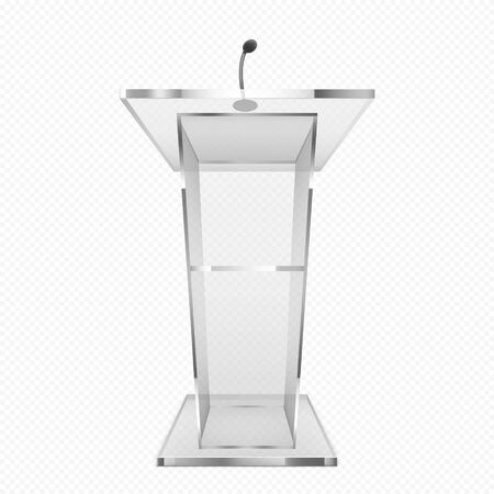 Glass pulpit, podium or tribune. Rostrum stand with microphone for conference debates, trophy isolated on transparent background. Business presentation speech pedestal Realistic 3d vector illustrationのイラスト素材