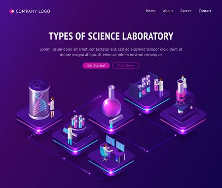 Vaccine development in laboratory isometric landing page, scientists working in lab with medical bottles and huge dna spiral projection on covid19 virus cell vaccination remedy, 3d vector web bannerのイラスト素材