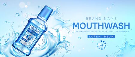Mouthwash bottle in water splash. Vector realistic brand poster with cosmetic product for dental care, mouth rinse for tooth protection. Promo banner, advertising backgroundのイラスト素材