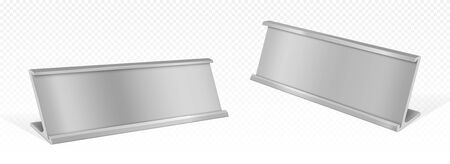Table name card holder, empty plate mockup. Metal stand for identification tag or badge for events angle view, steel frame for nameplate isolated on transparent background, realistic 3d vector mock upのイラスト素材