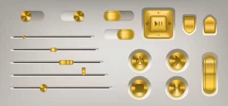 Music control panel with golden buttons, knobs, switch and volume slider. Vector realistic interface of audio or video application with gold colored buttons with play, stop, pause and power iconsのイラスト素材