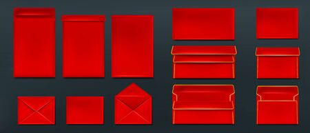 Red envelopes template set. Blank closed and open paper covers, vertical and horizontal festive letter packages with gold trim, double folder for business docs and messages, Realistic 3d vector mockupのイラスト素材
