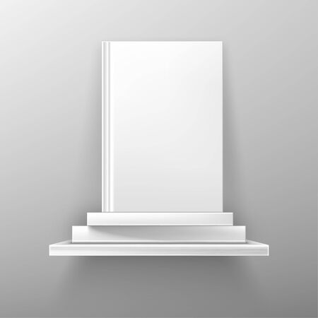 Books on white bookshelf, bestseller mockup with blank cover stand on shelf in library or store. Booklet, diary volumes with empty paperback lying in pile hanging on wall, realistic 3d vector mock upのイラスト素材
