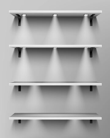 Empty wooden shelves with spotlights. Vector realistic mockup of white bookshelves in library, wood showcase in store. Timber planks illuminated by lamps for display or exhibition in galleryのイラスト素材