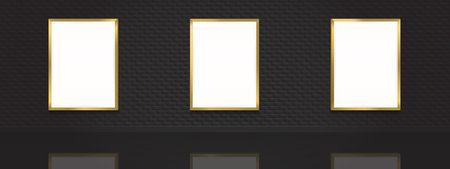 Movie posters mockup. Blank pictures with gold frames on dark brick wall in cinema, theater, museum...