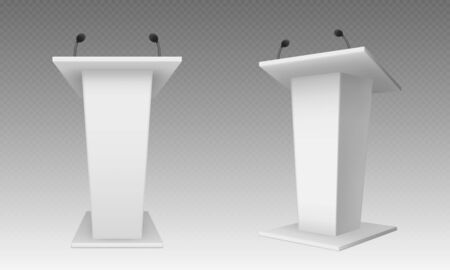 White pulpit, podium or tribune front side view. Rostrum stand with microphone for conference debates, trophy isolated on transparent. Business presentation speech pedestal Realistic vector mock upのイラスト素材