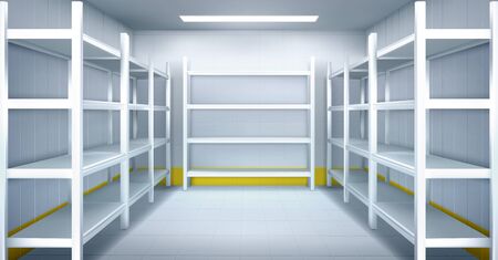 Cold room in warehouse with empty metal racks. Vector cartoon interior of industrial storage freezer with shelves, tiled walls and floor. Refrigerator chamber in factory, store or restaurantのイラスト素材
