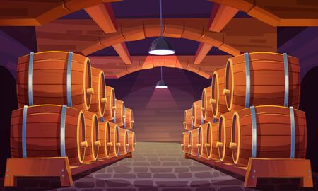 Wood barrels for wine or beer in cellar. Cask from oak wood on stand in storage room of brewery or winery. Vector realistic interior of basement with keg for whiskey, rum or cognacのイラスト素材