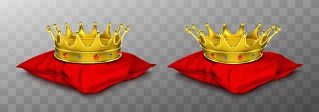Gold royal crown for king and queen on red pillow. Vector realistic luxury golden corona with gems, medieval diadem for prince, princess or emperor on cushion isolated on transparent backgroundのイラスト素材