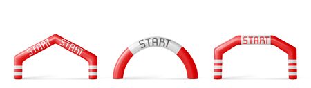 Inflatable arches, start archways for races, marathon and sports events. Gates for sports competition of different shapes in red color isolated on white background, Realistic 3d vector illustrationのイラスト素材