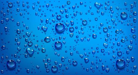 Water droplets on blue background. Vector realistic illustration of condensation of steam in shower or fog on wet blue surface, clear aqua drops from dew or rainのイラスト素材