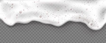 Beer foam isolated on transparent background. White soap froth texture with bubbles, seamless border, foamy frame. Sea or ocean wave, laundry cleaning detergent spume, realistic 3d vector illustrationのイラスト素材