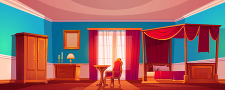 Old luxury bedroom with wooden furniture and red curtains. Vector cartoon illustration of vintage interior with canopy bed, nightstand, wardrobe, chair and mirror in golden frameのイラスト素材