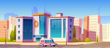 Hospital clinic building with ambulance car truck riding at road and green trees around. Medicine, city infirmary health care infrastructure, medic multistorey office, Cartoon vector illustrationのイラスト素材
