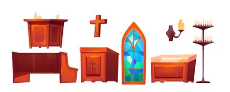 Catholic church inside interior stuff glass stained window, altar and wooden bench, cross, tribune, wall lamp, candles isolated on white background. Cartoon vector cathedral furniture and accessoriesのイラスト素材