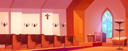 Catholic church interior with altar, wooden benches, tall arch window and candles. Vector cartoon illustration of cathedral inside, old room for religious praying with pulpit for priestのイラスト素材