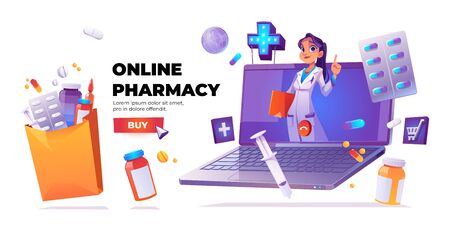 Online pharmacy banner. Online drugstore service. Vector cartoon banner with woman doctor or pharmacist on laptop screen, drugs, pills and buy button on white backgroundのイラスト素材