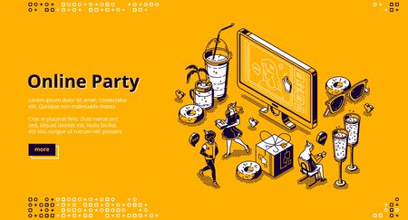 Online party isometric landing page, friends celebrate virtual birthday via video call conference during covid19 quarantine. Tiny people around huge computer desktop, 3d vector line art web bannerのイラスト素材