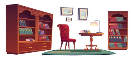 Library vip interior set with bookcases, chair, desk and lamp. Vector cartoon set of old luxury furniture in home library or office with wooden bookshelves, armchair, carpet and picture framesのイラスト素材