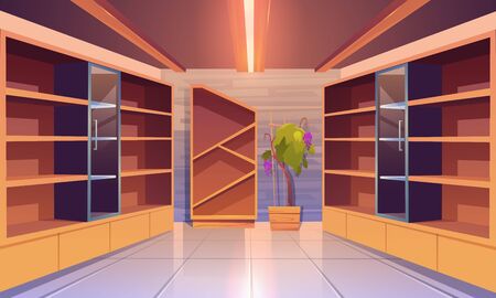 Wine shop, cellar interior with empty wooden shelves, showcase with glass door, potted grapes vine, tiled floor and glow lamps. Alcohol beverage store in building basement. Cartoon vector illustrationのイラスト素材