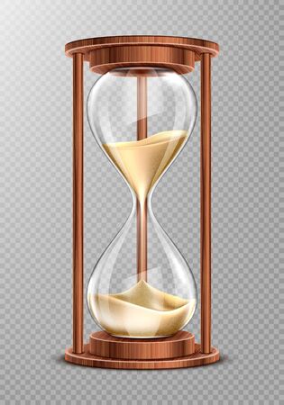 Wooden hourglass with falling sand isolated on transparent background. Ancient clock, symbol of patience and running time, retro glass watches with wood decoration, Realistic 3d vector illustrationのイラスト素材