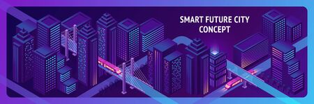City of future isometric banner with speed trains riding on bridge with highway roads and glowing buildings around. Futuristic cityscape with neon glow skyscrapers illumination. 3d vector illustrationのイラスト素材