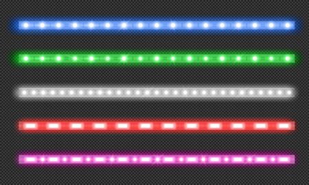 Led strips with neon glow effect isolated on transparent background. Vector realistic set of colored light stripes, glowing tape with red, green, blue and white lamp and diode bulbesのイラスト素材