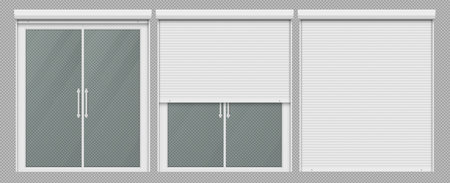 Window with roller shutter up and close. Plastic pvc double casement blinds. Opened and shut front view. Home facade design elements isolated on transparent background realistic 3d vector illustrationのイラスト素材