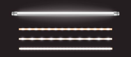 Tube lamp and led strips, long luminescence fluorescent energy saving bulb of daytime scattered light, artificial lighting for office. Halogen elements glowing lines, Realistic 3d vector illustrationのイラスト素材