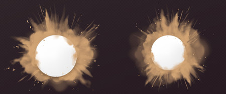 Dust explosion with white round banner. Splashes of brown powder isolated on transparent background....