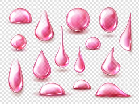 Pink drops of water, wine or juice isolated on transparent background. Vector realistic mockup of liquid drips of strawberry or cherry juice, fruit drink, clear bubblesのイラスト素材
