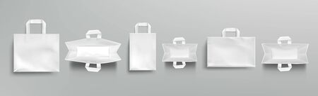 Paper shopping bags top and front view mockup, white packages with handles, blank rectangular ecological gift pack, isolated mock up for branding and corporate identity design, Realistic 3d vector setのイラスト素材