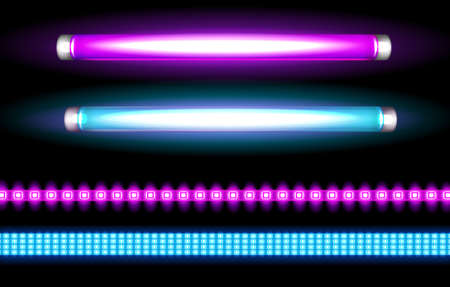 Neon tube lamps and led strips, long luminescence blue and purple light bulbs for night club, or bar signboards, fluorescent lighting. Halogen glowing elements, Realistic 3d vector illustration setのイラスト素材