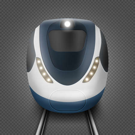 Train or metro, front view, subway locomotive on rails with windshield and illumination. Modern city transport, railway commuter isolated on transparent background, Realistic 3d vector illustrationのイラスト素材