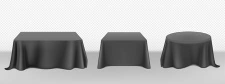 Black tablecloth on round square tables. Vector realistic mockup of empty dining desk with blank linen cloth with drapes for banquet restaurant, holiday event or dinner. Template with fabric coverのイラスト素材