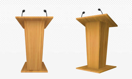 Wooden pulpit, podium or tribune front side view. Rostrum stand with microphone for conference debates, trophy isolated on transparent. Business presentation speech pedestal Realistic vector mock upのイラスト素材