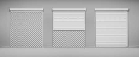 Garage doors, hangar entrances with roller shutters. Warehouse exterior with close and open boxes, Realistic 3d vector storage for car parking or rent, rooms for repair service with metal doorwaysのイラスト素材